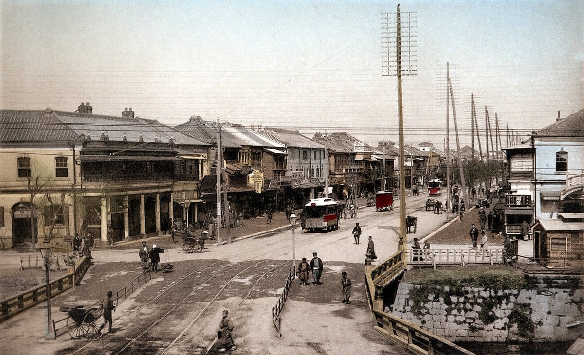 Shinbashi Bridge and Ginza Avenue in Tokyo, 1890s