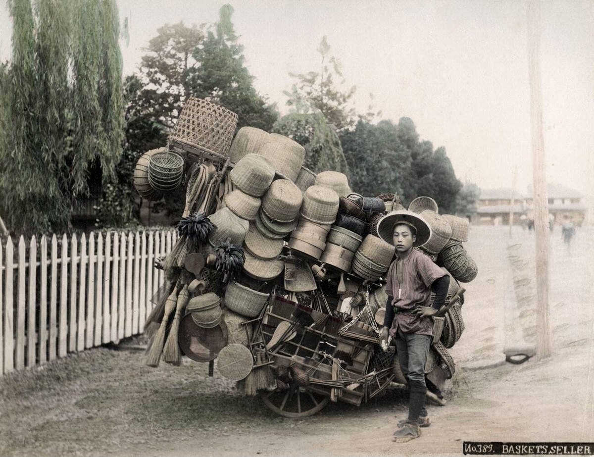 Basket seller with his cart, 1890