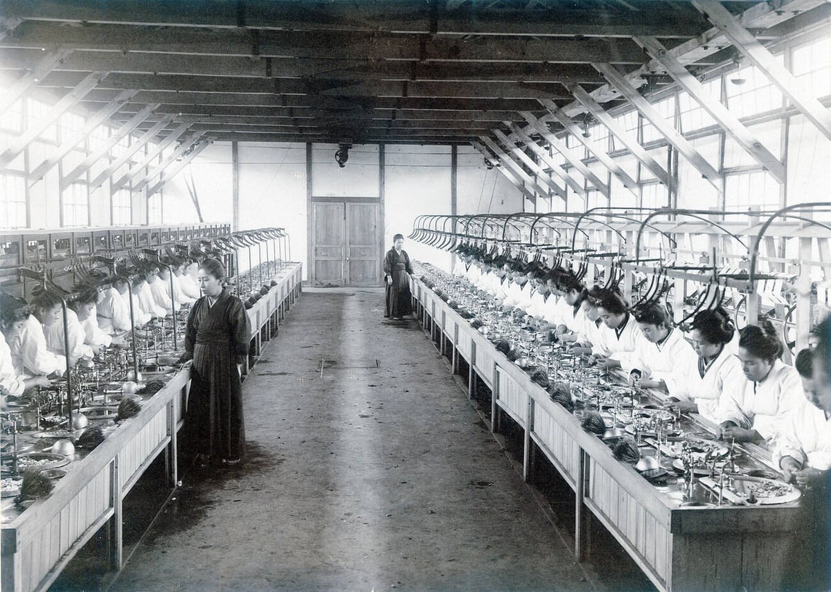 Women reeling silk at a sericultural school, 1898