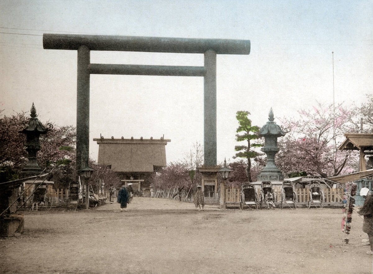 Bronze torii gate at Yasukuni Shinto Shrine in Tokyo, 1895
