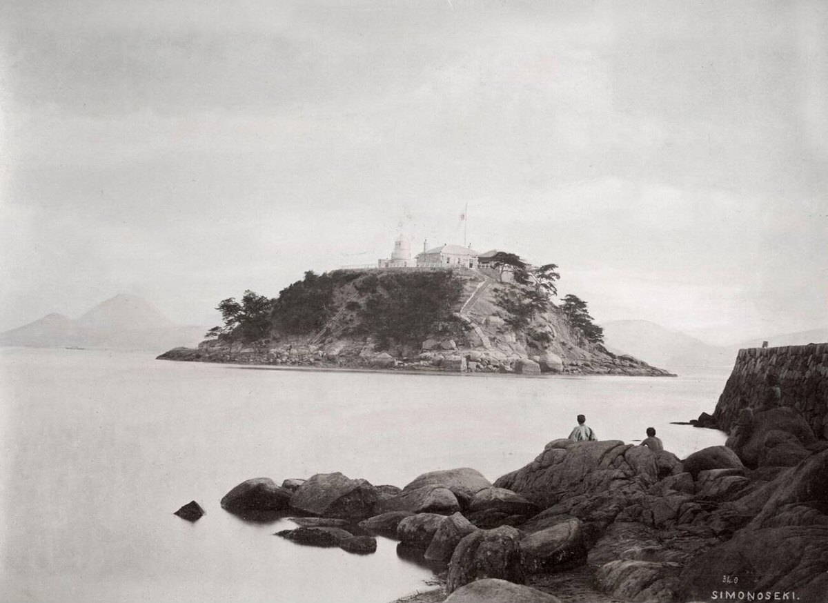 Island and lighthouse in Shimonoseki, 1890s
