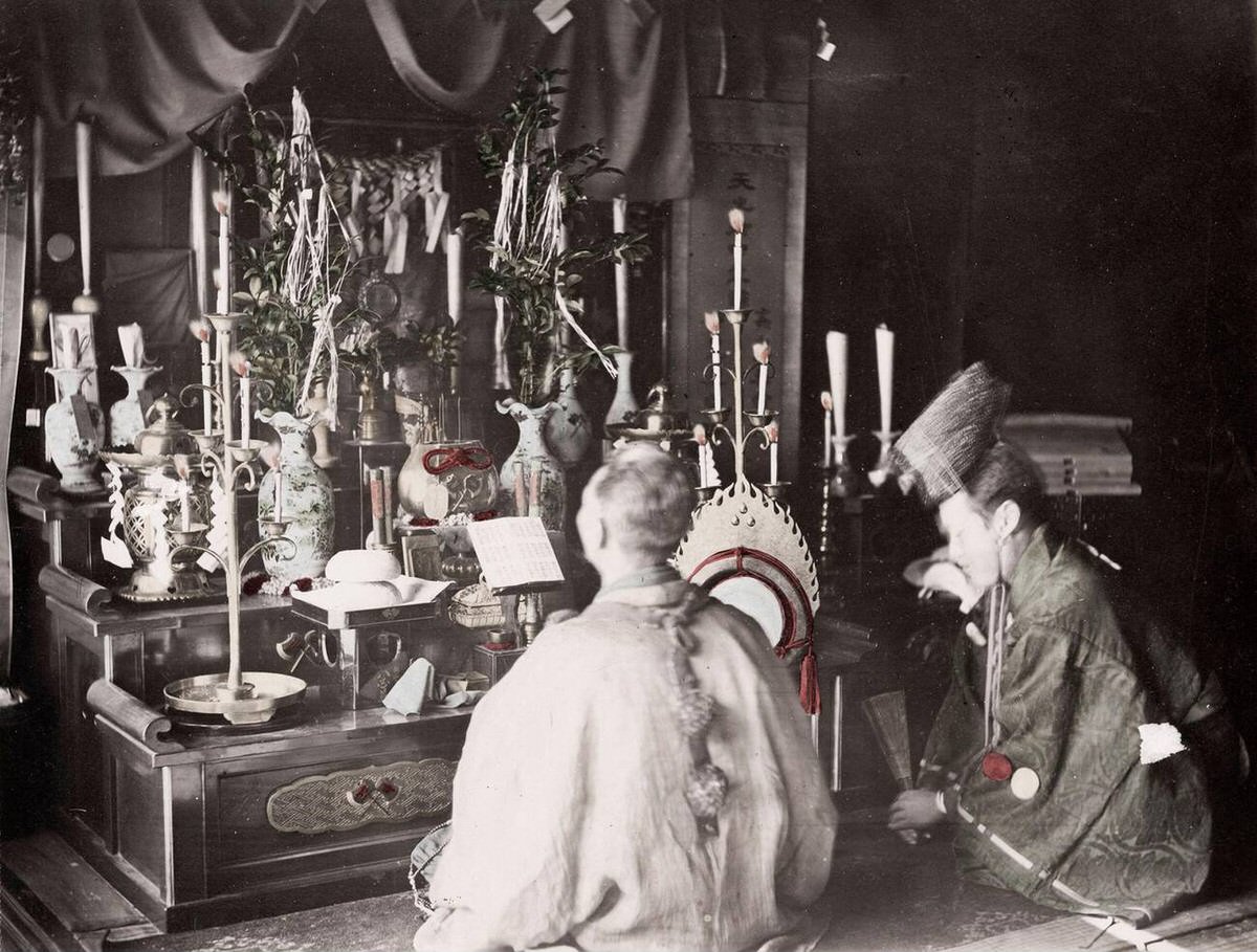 Buddhist priests at prayer, 1890s