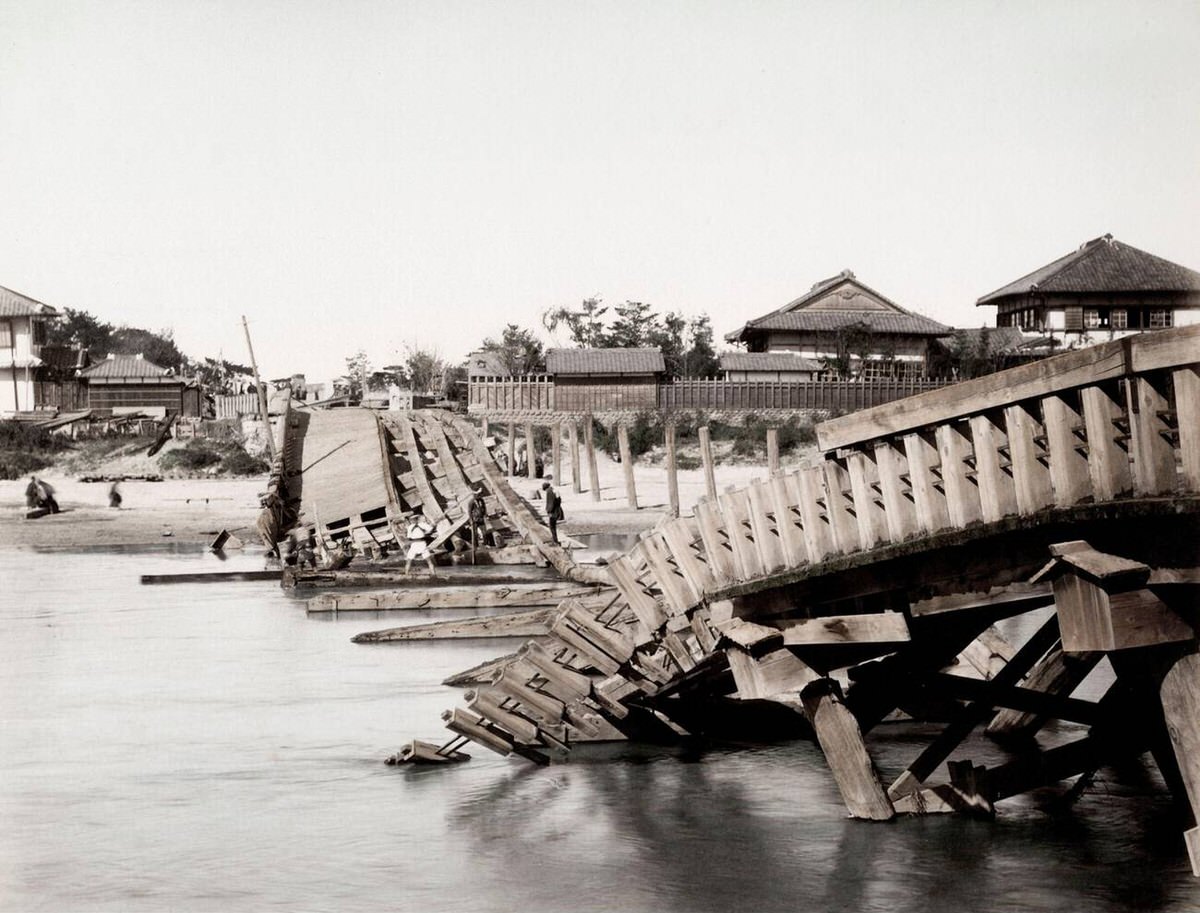 Collapsed bridge following an earthquake, 1890s
