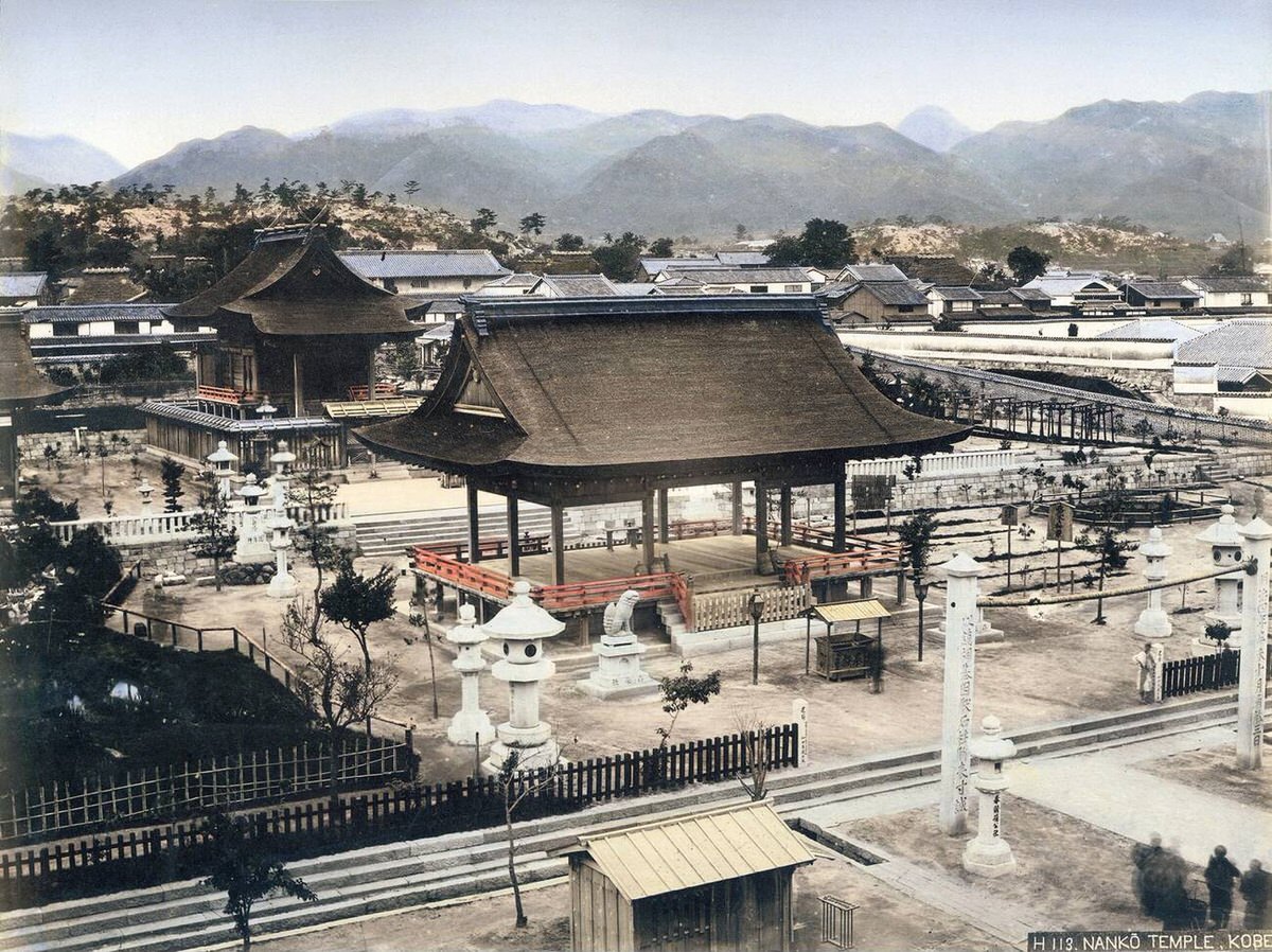 Panoramic view of Minatogawa Jinja Shinto shrine in Kobe, 1890s