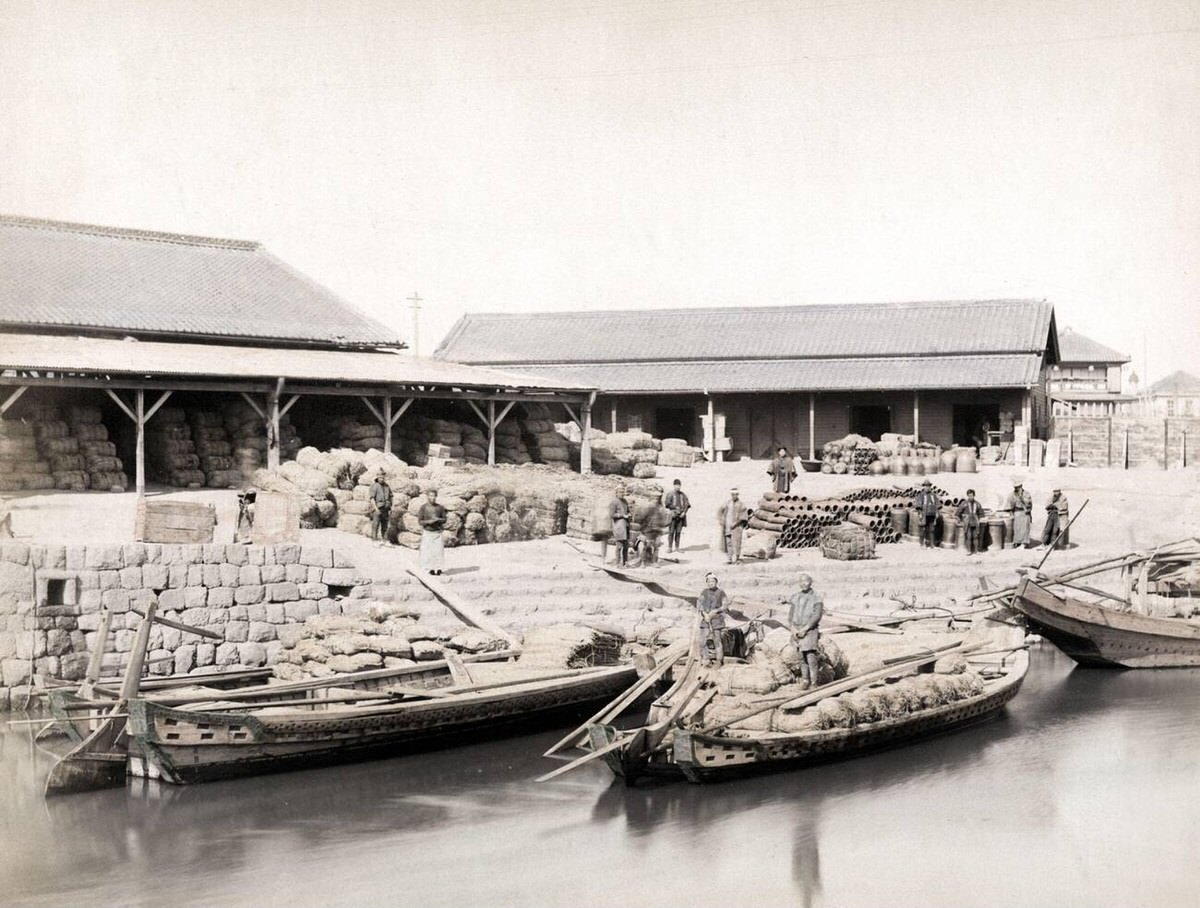 Cargo boats at the wharf in Shinbashi, Tokyo, 1890