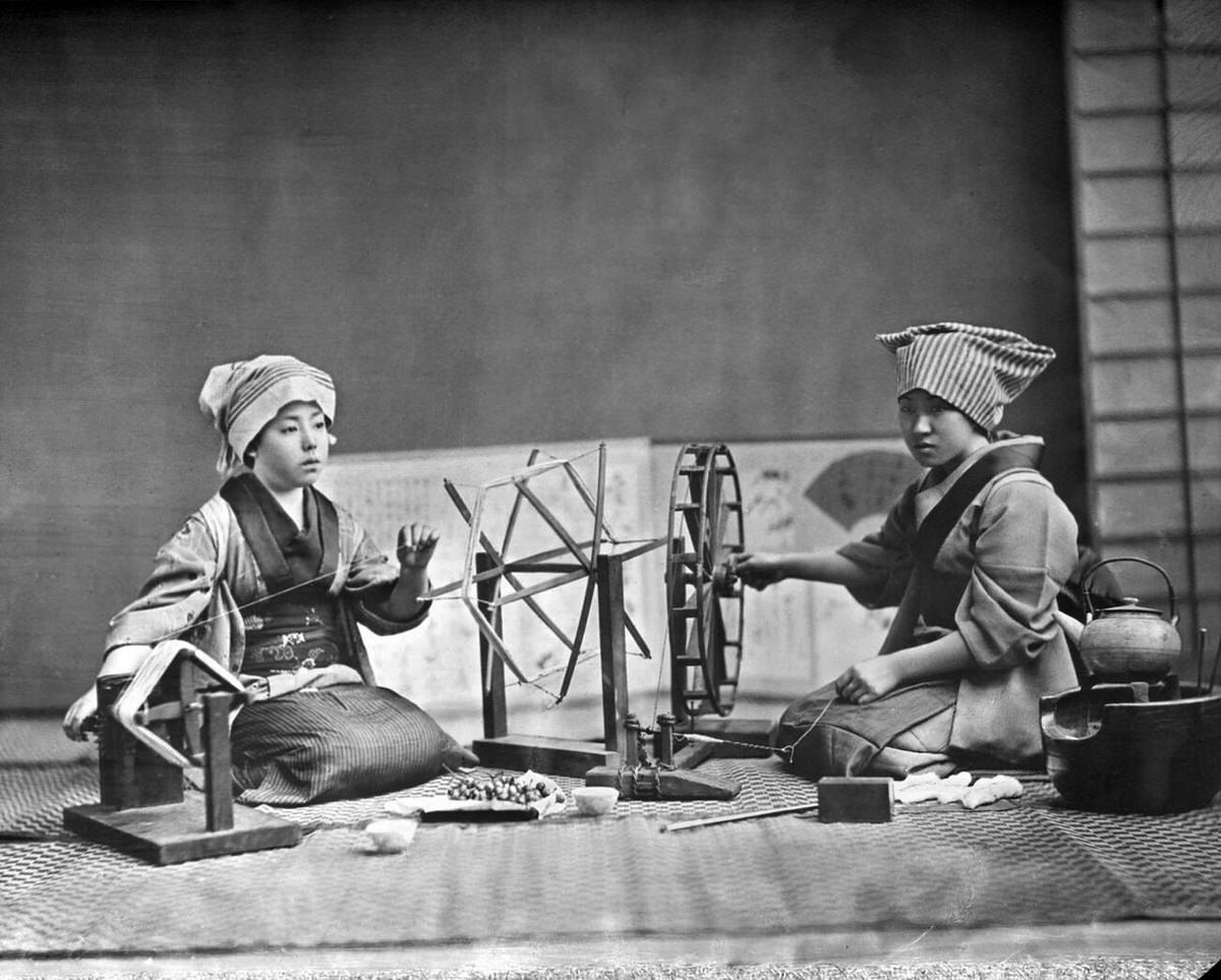Women spinning silk from cocoons, 1890s