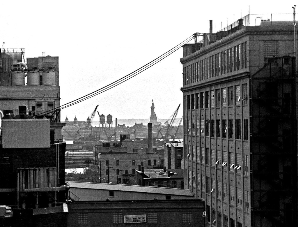 Abandoned 19th-century factories on the Morris Canal seen from a warehouse roof in Jersey City, 1975