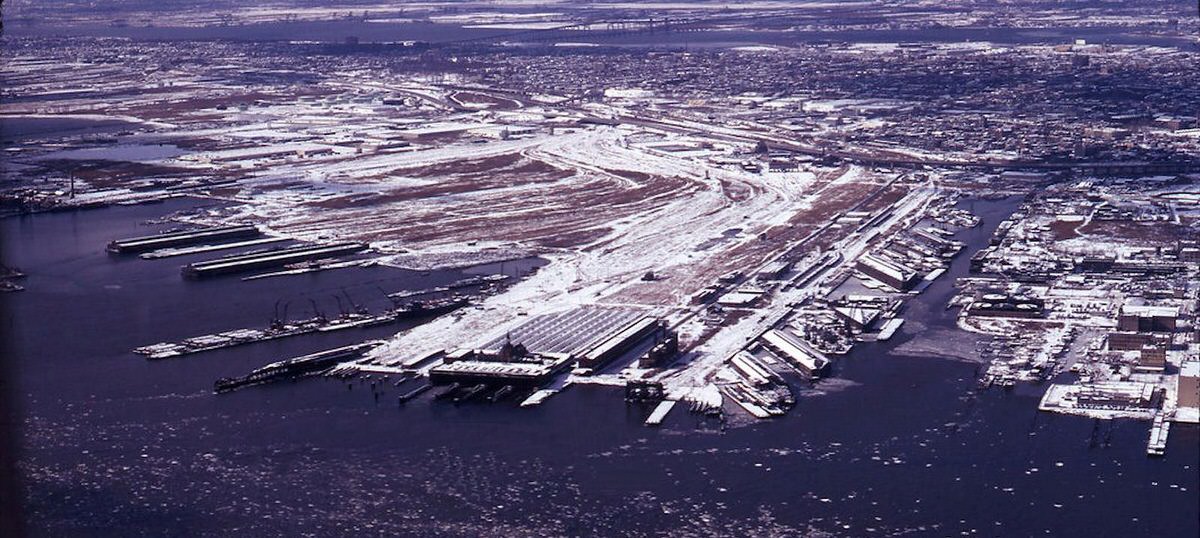 Abandoned railroad land and piers at the Central Railroad of New Jersey terminal in Jersey City, 1976
