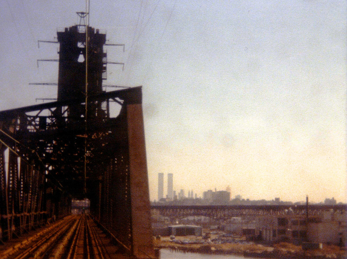 Passaic River shoreline and the Pulaski Skyway seen from a PATH train in Jersey City, 1977
