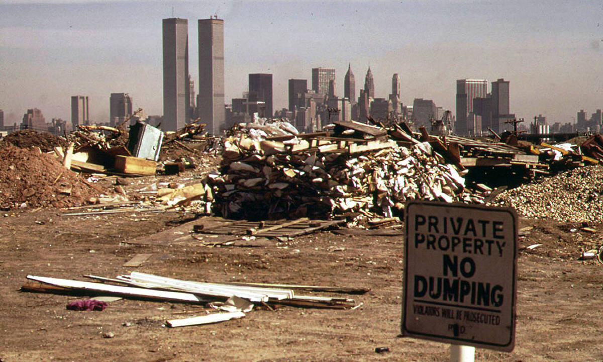 Lower Manhattan skyline seen from the future site of the Grove of Remembrance in Jersey City, 1974