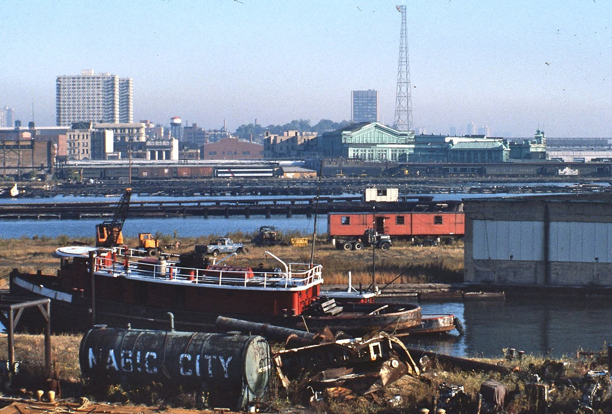 Hoboken Erie Lackawanna Railroad Terminal seen from decrepit Jersey City piers, 1976