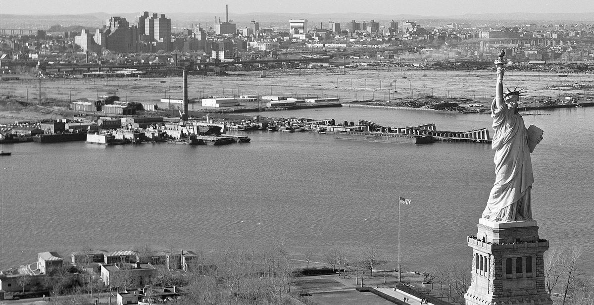 Abandoned Central Railroad of New Jersey train yards and the New Jersey Turnpike extension, 1979