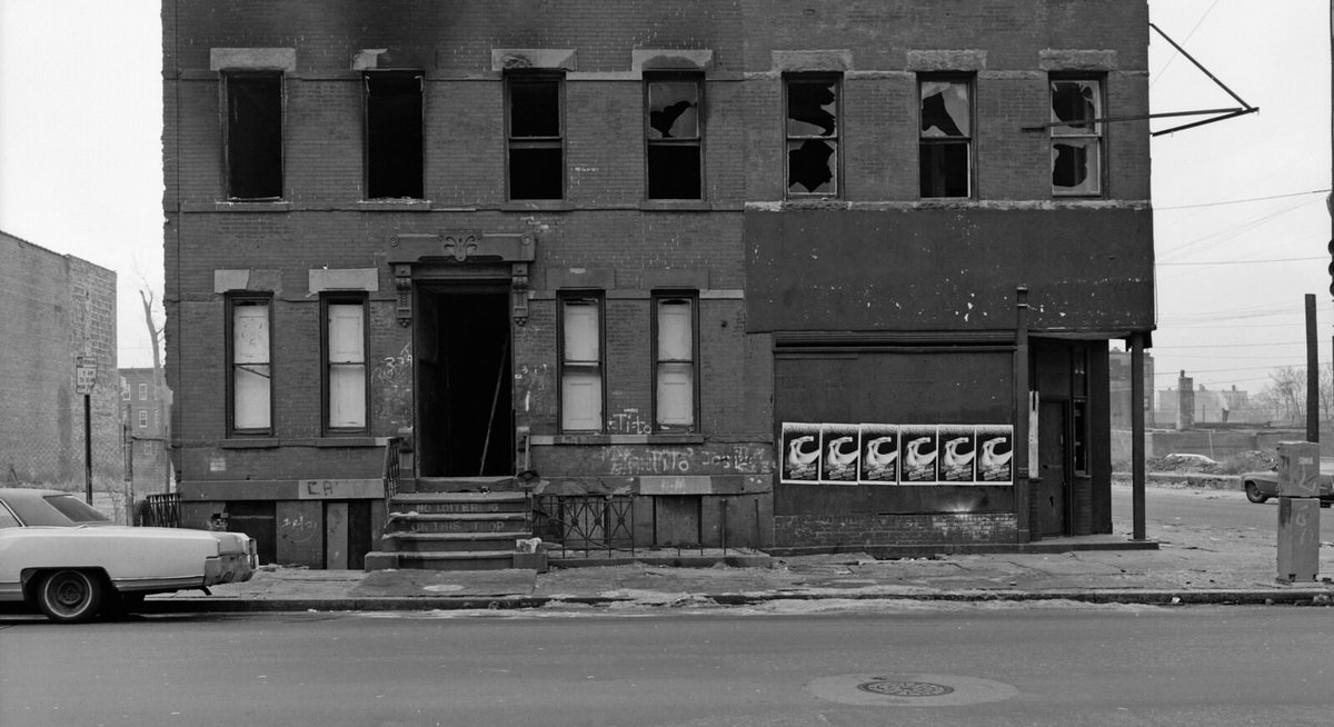 Urban desolation at the corner of Montgomery and Monmouth Streets in Jersey City, 1975