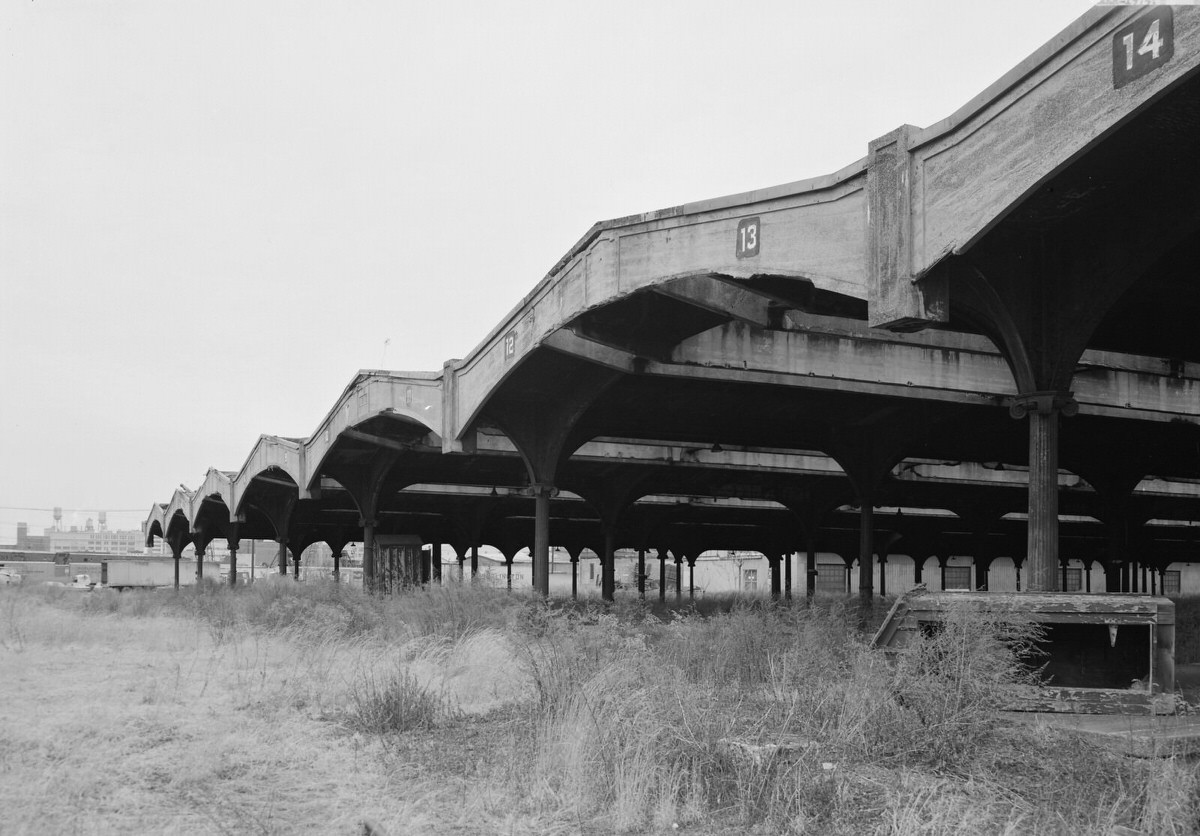 Abandoned Central Railroad of New Jersey train shed in Jersey City, 1977