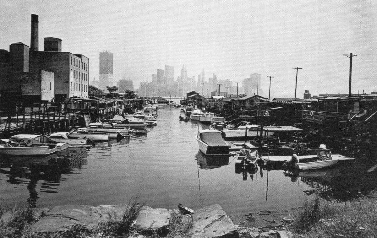 Greene Street Boat Club with the World Trade Center under construction in the distance, 1970