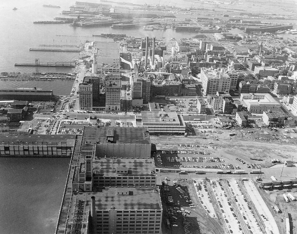 Aerial view of Harborside Terminal, Exchange Place, and the Colgate plant in Jersey City, 1970