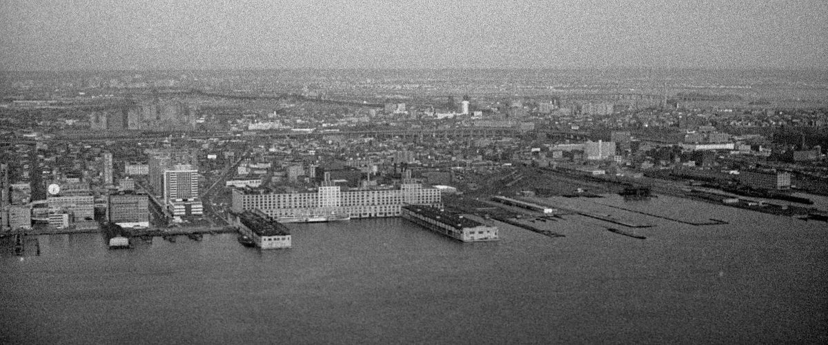 Post-industrial Jersey City seen from the 58th floor of the World Trade Center North Tower, 1975