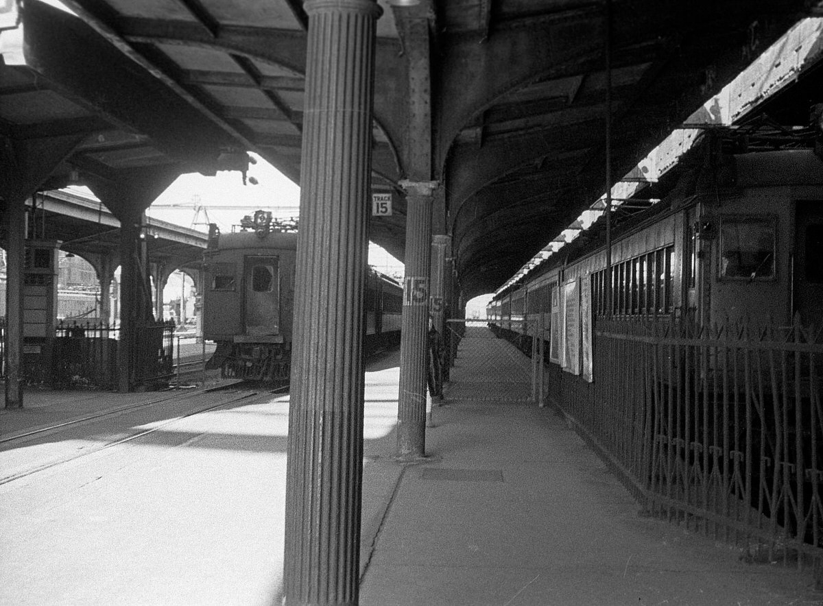 Vintage trains parked on Track No. 15 at the Hoboken Erie Lackawanna Terminal, 1975