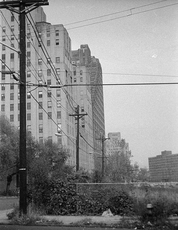 Margaret Hague Maternity Hospital and the Jersey City Medical Center seen from an abandoned field, 1975