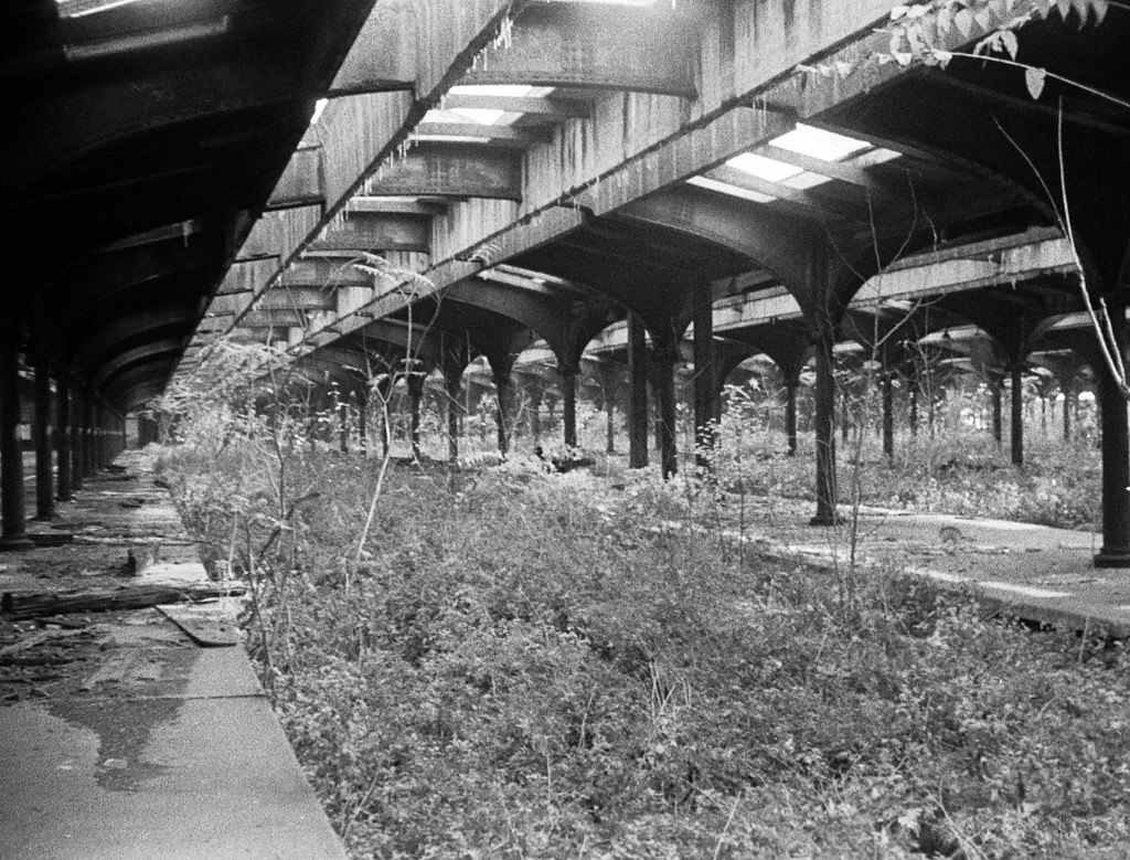 Abandoned Central Railroad of New Jersey train shed in Jersey City, 1975