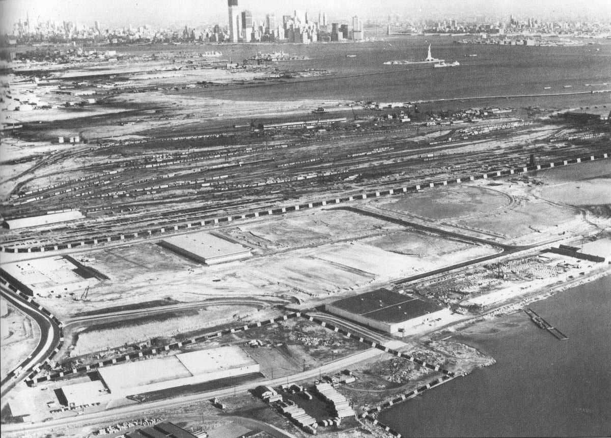 Greenville railroad yards with the World Trade Center under construction in the distance, 1970