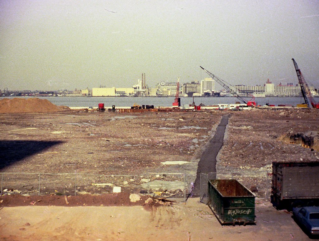 Battery Park City landfill and the Jersey City waterfront seen from the West Side Highway, 1974