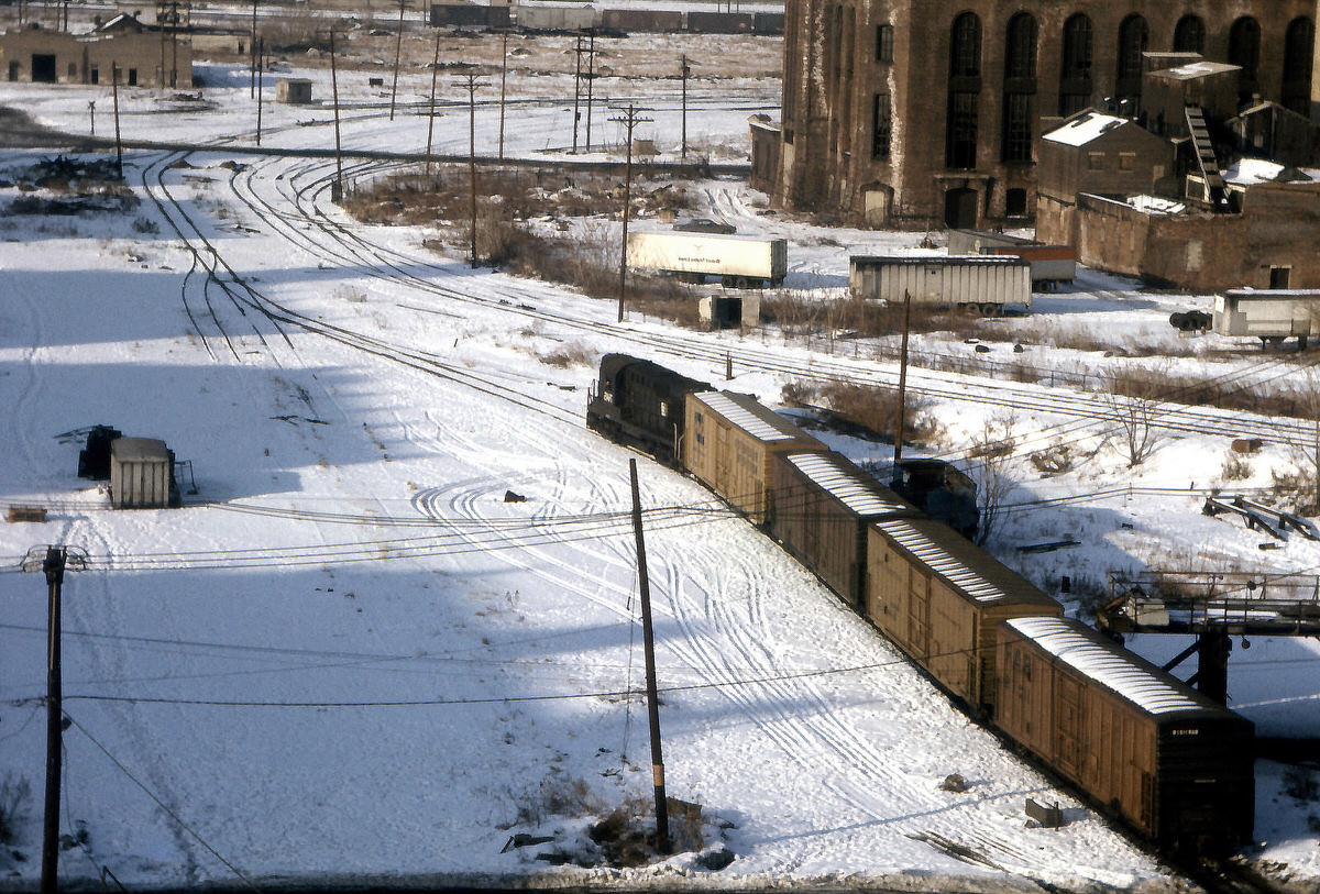 Hudson and Manhattan Powerhouse and abandoned industrial buildings in the snow in Jersey City, 1978