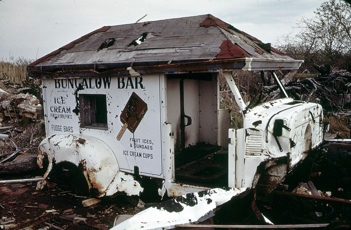 Abandoned ice cream truck in a swamp at the Communipaw waterfront in Jersey City, 1977