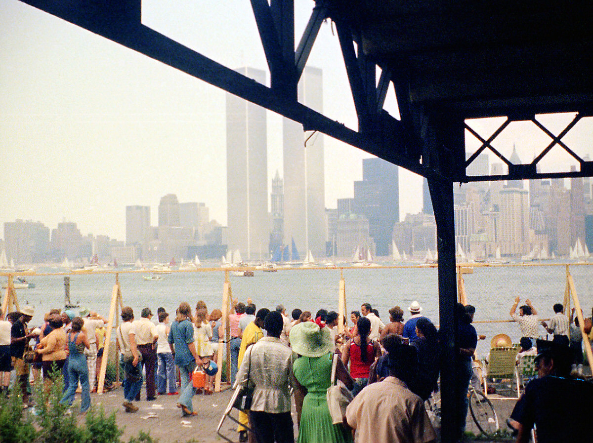 Tall ships in New York Harbor seen from Jersey City during the Bicentennial, 1976