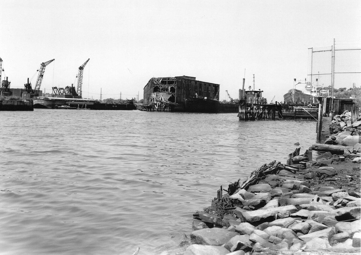 Morris Canal filled with industrial ruins and the Lehigh Valley Railroad Pier G in Jersey City, 1979