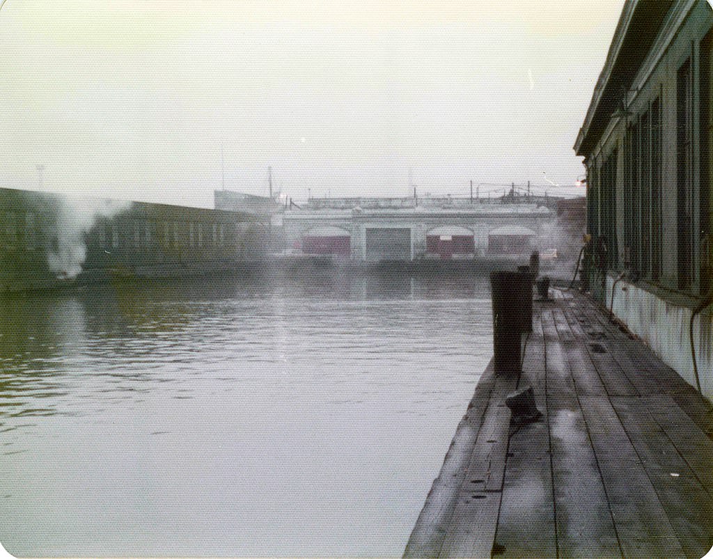 Hoboken Erie Lackawanna railroad terminal seen from the Hudson River, 1975