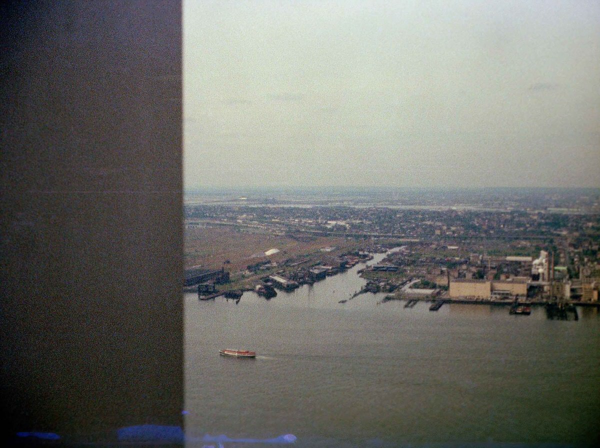 Morris Canal Basin, abandoned railroad land, and the Colgate plant seen from the World Trade Center, 1974