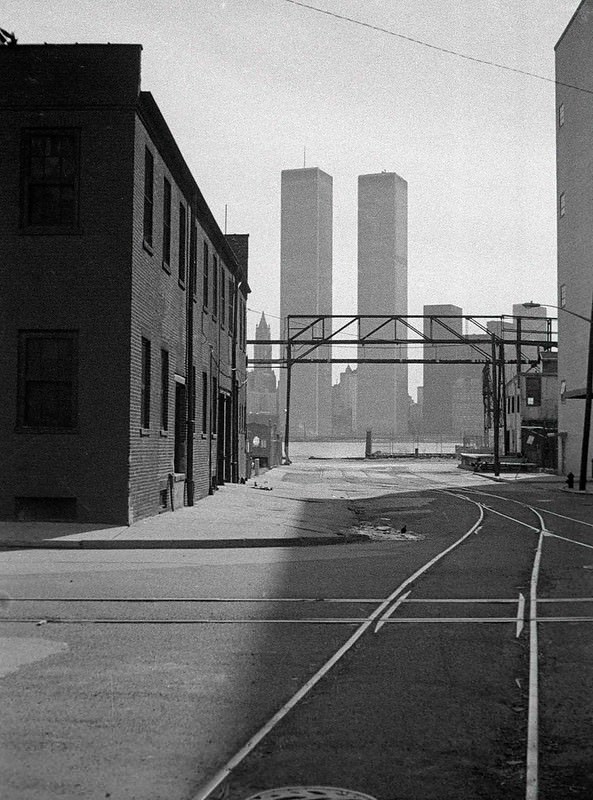 World Trade Center seen from the Colgate plant in Jersey City, 1975
