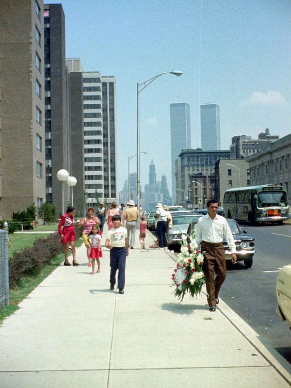 Exchange Place during the Bicentennial Operation Sail with the World Trade Center in the background, 1976