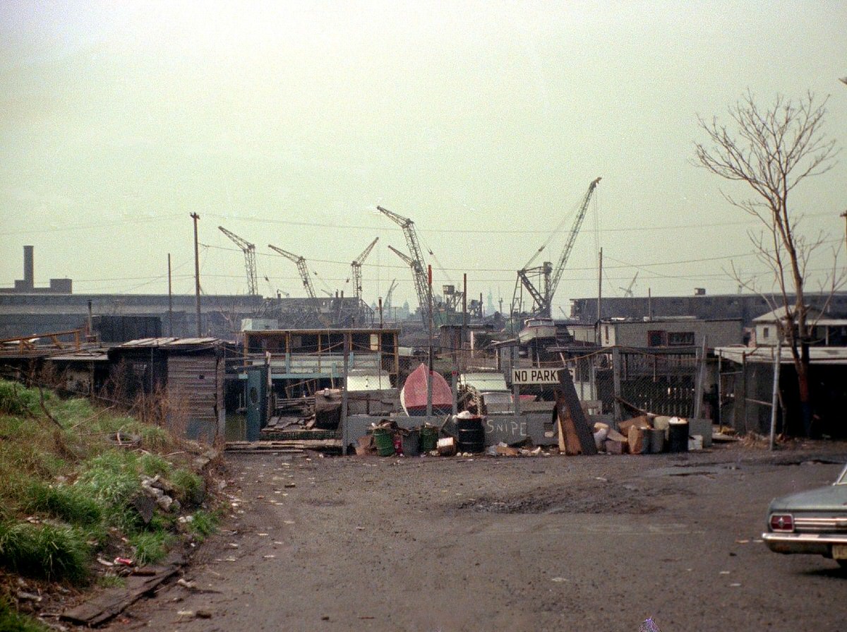 Industrial ruins and crane graveyard at the end of Greene Street in Jersey City, 1975
