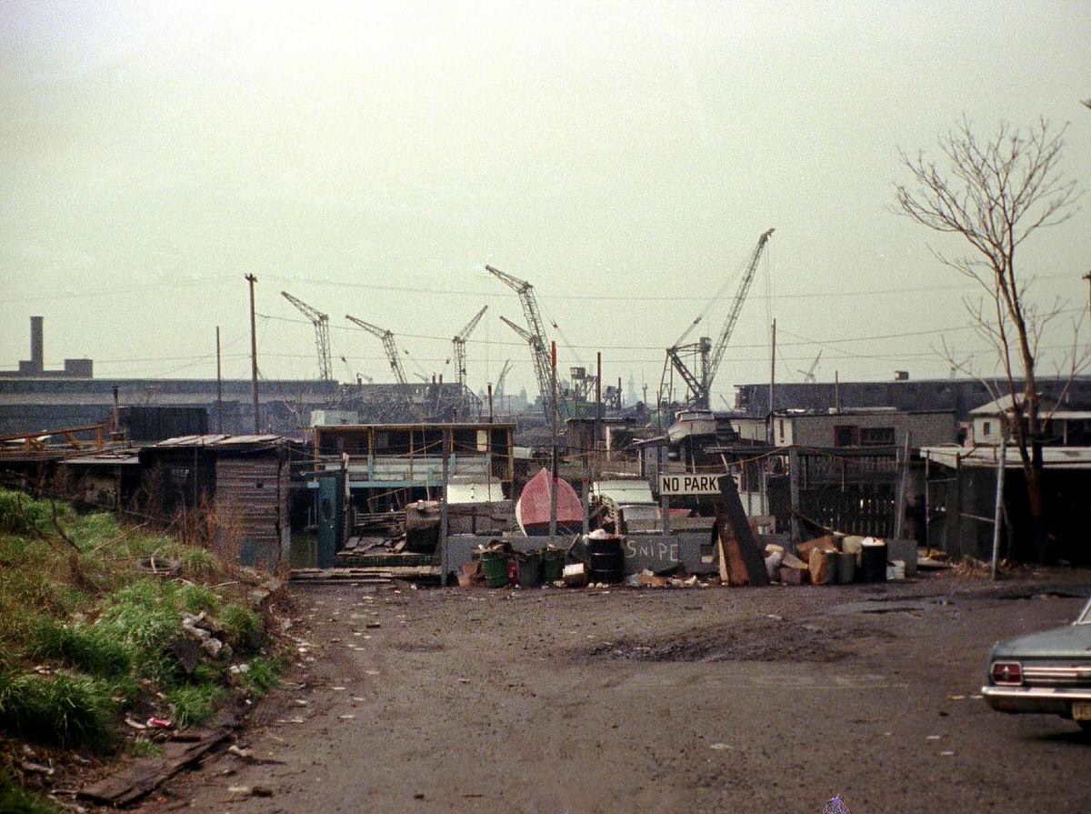 Industrial ruins and crane graveyard at the end of Greene Street in Jersey City, 1975