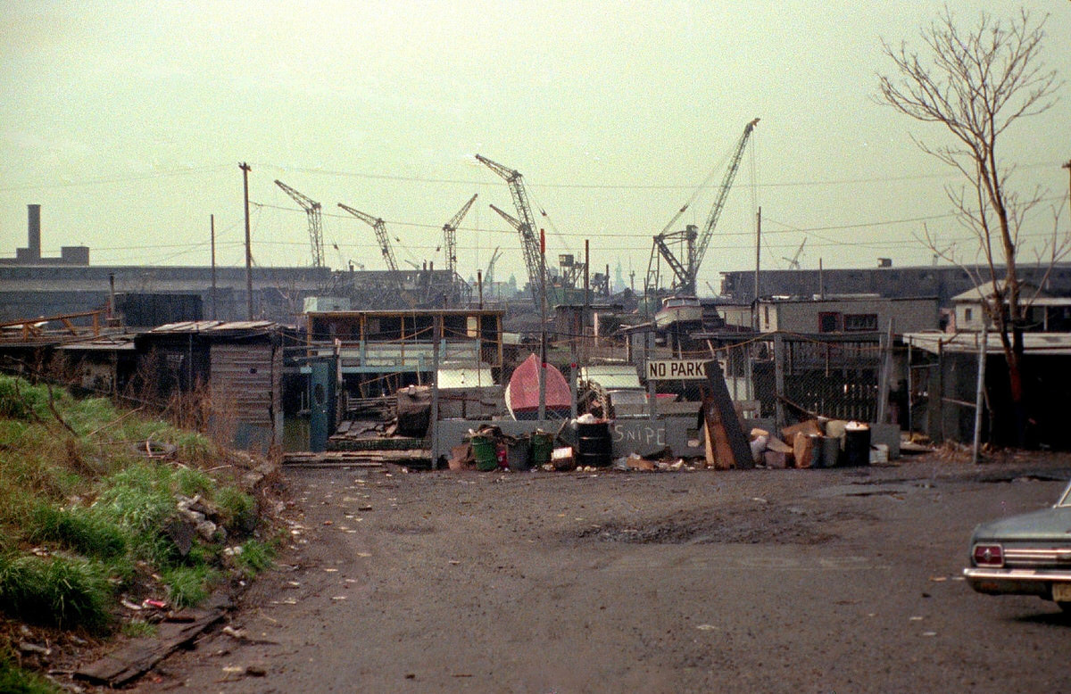Greene Street and the Morris Canal looking toward the Statue of Liberty and Ellis Island, 1975