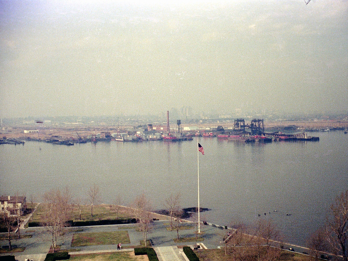 Jersey City waterfront ruins seen from the Statue of Liberty, 1973