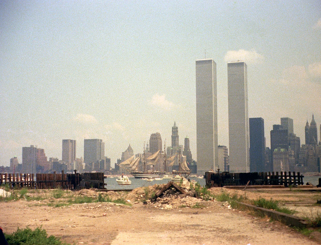 Tall ships in New York Harbor seen from south of Exchange Place in Jersey City, 1976