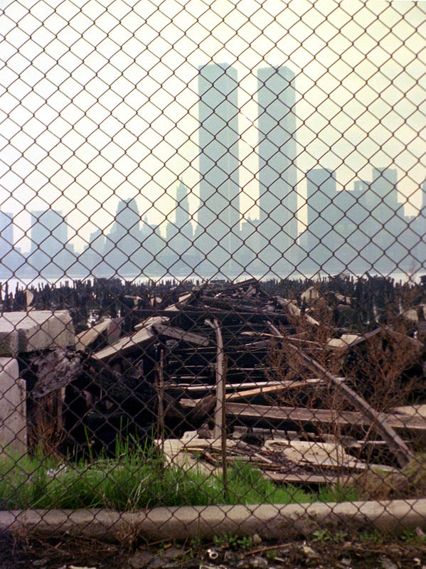 World Trade Center seen from the pier ruins at Exchange Place in Jersey City, 1975