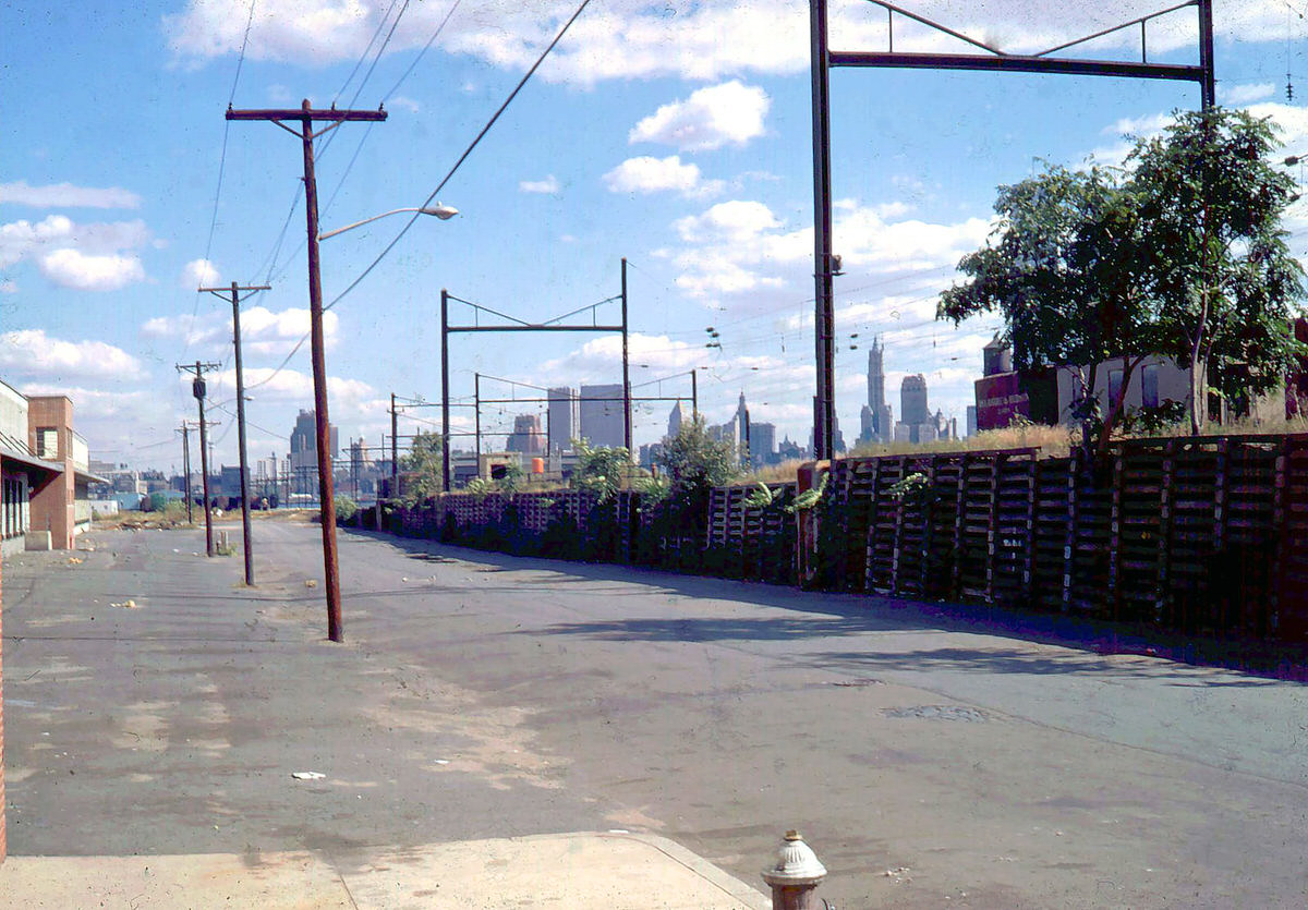 Pennsylvania Railroad 6th Street Embankment and the Manhattan skyline in Jersey City, 1977