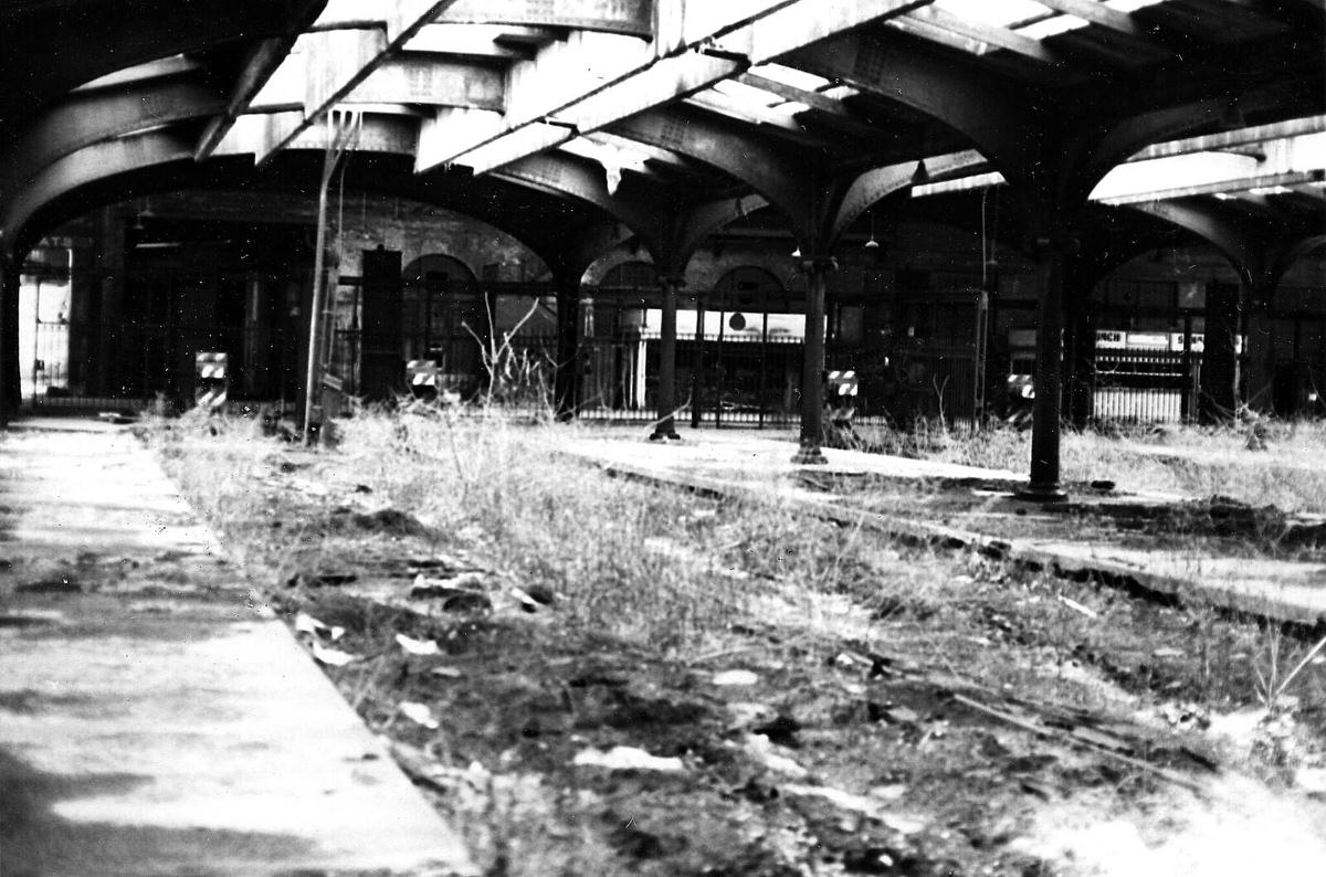 Abandoned Central Railroad of New Jersey train shed in Jersey City, 1975