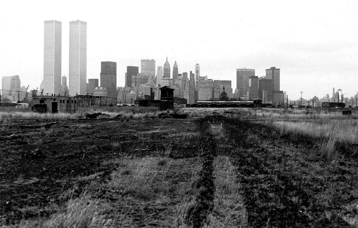 Abandoned railroad land and the Central Railroad of New Jersey train shed in Jersey City, 1974