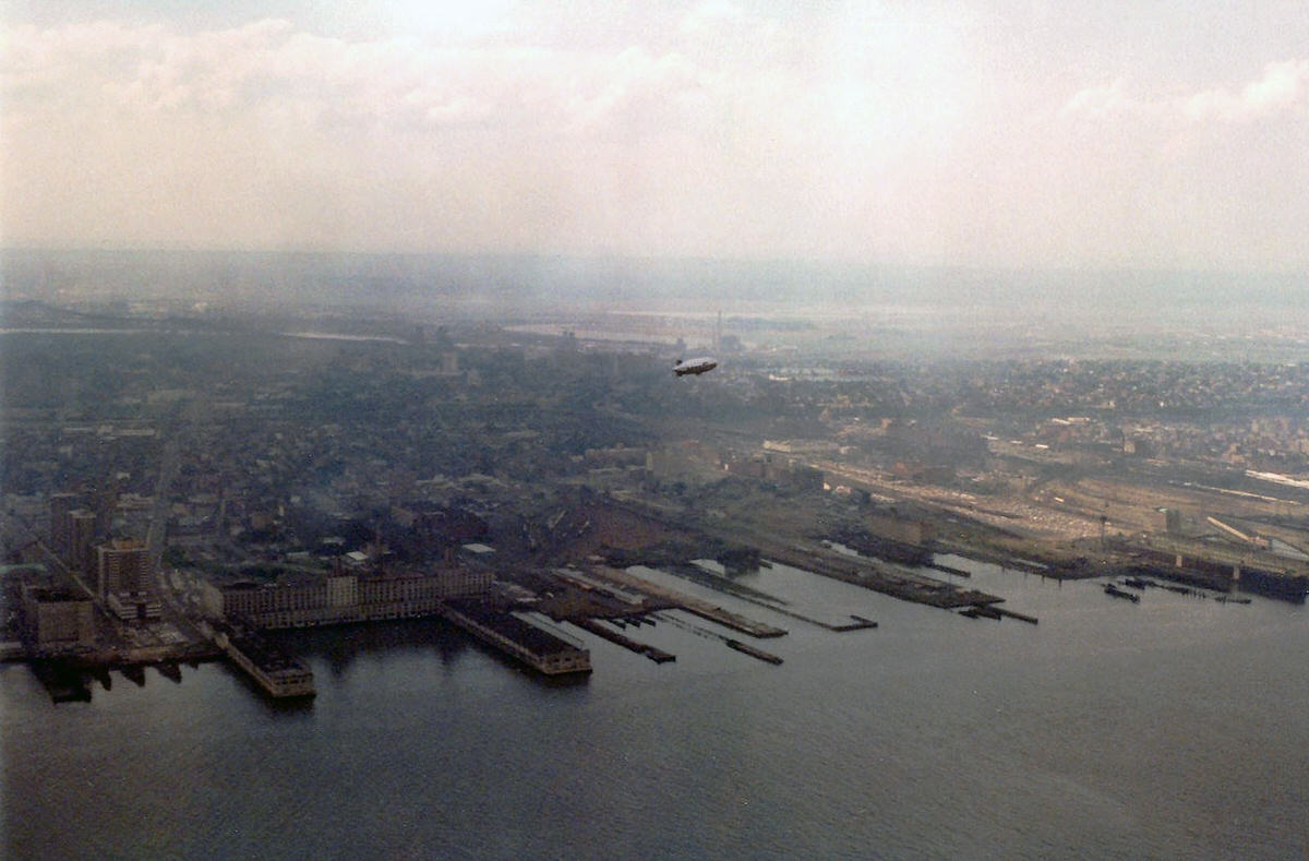 Abandoned factories, railroads, and piers at Exchange Place in Jersey City, 1975