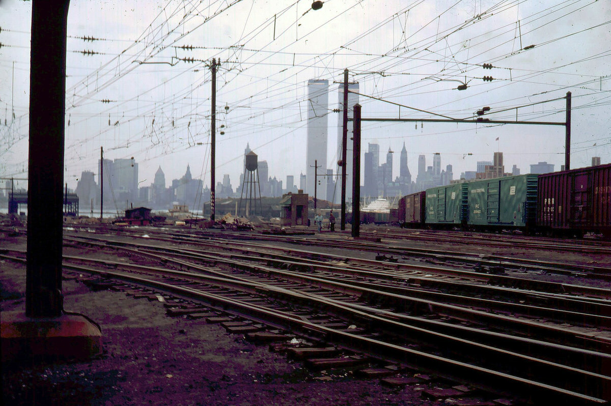 Lower Manhattan skyline seen from the Pennsylvania Railroad tracks in Jersey City, 1972