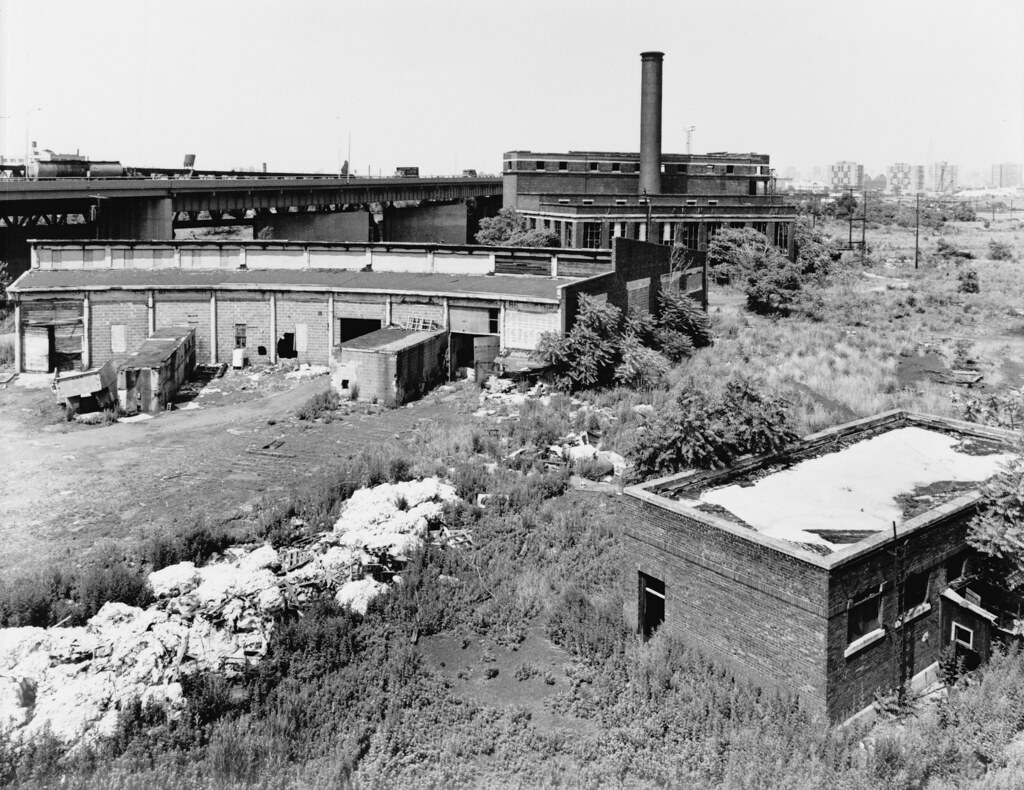 Ruins of the Central Railroad of New Jersey north roundhouse, power plant, and office building in Jersey City, 1975