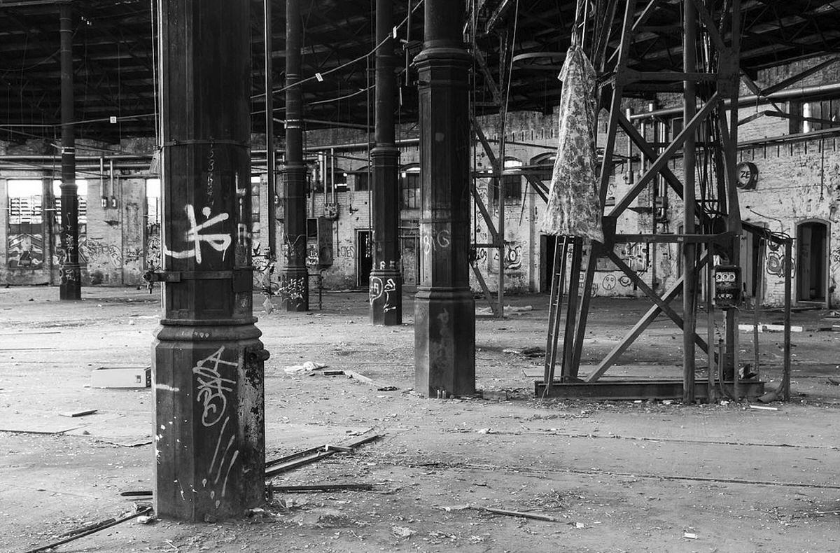 Interior of the abandoned Central Railroad of New Jersey roundhouse in Jersey City, 1975
