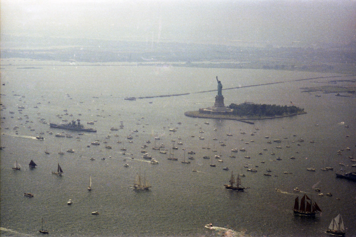 New York Harbor and the Caven Point pier during Operation Sail in Jersey City, 1976