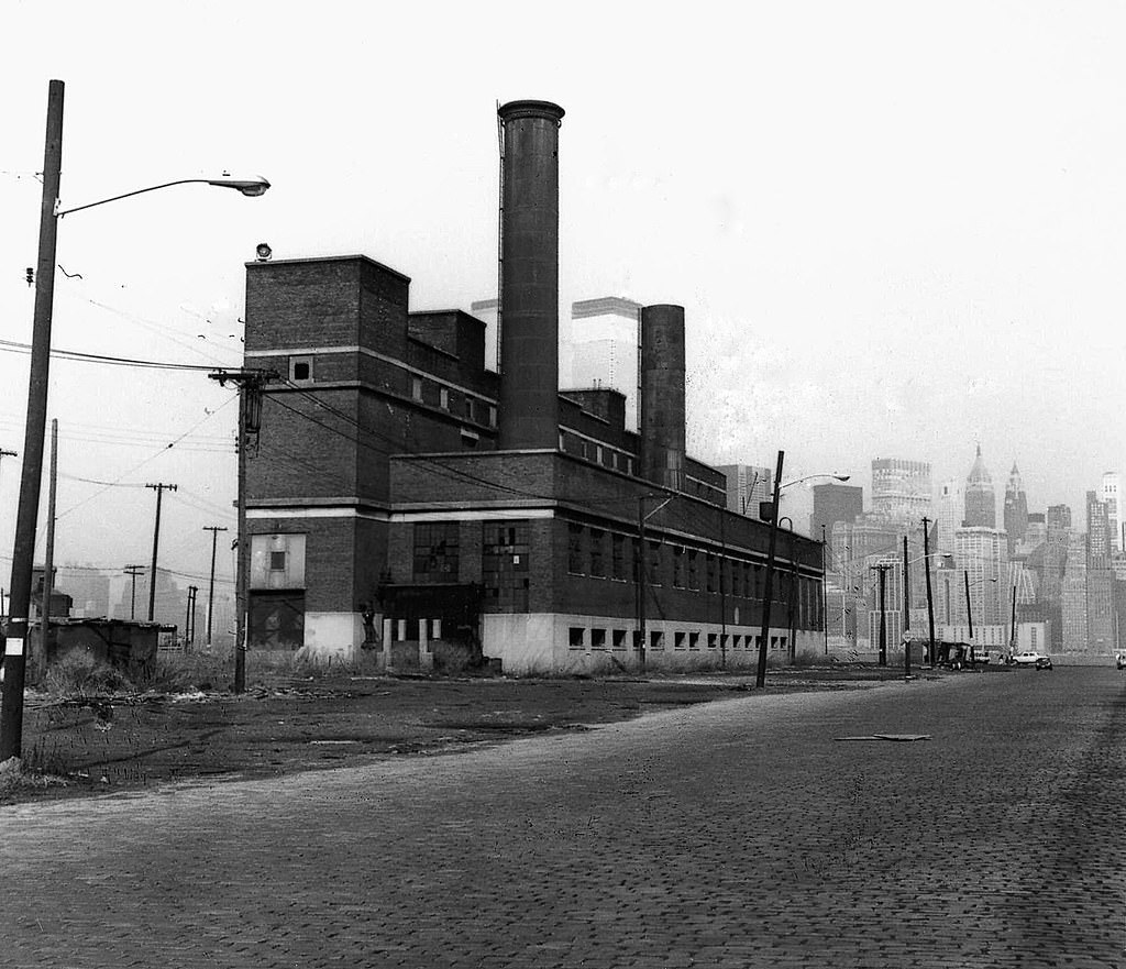 Central Railroad of New Jersey maintenance plant and the World Trade Center in Jersey City, 1973