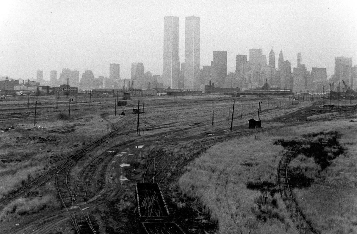 Abandoned railroads and the World Trade Center in Jersey City, 1975